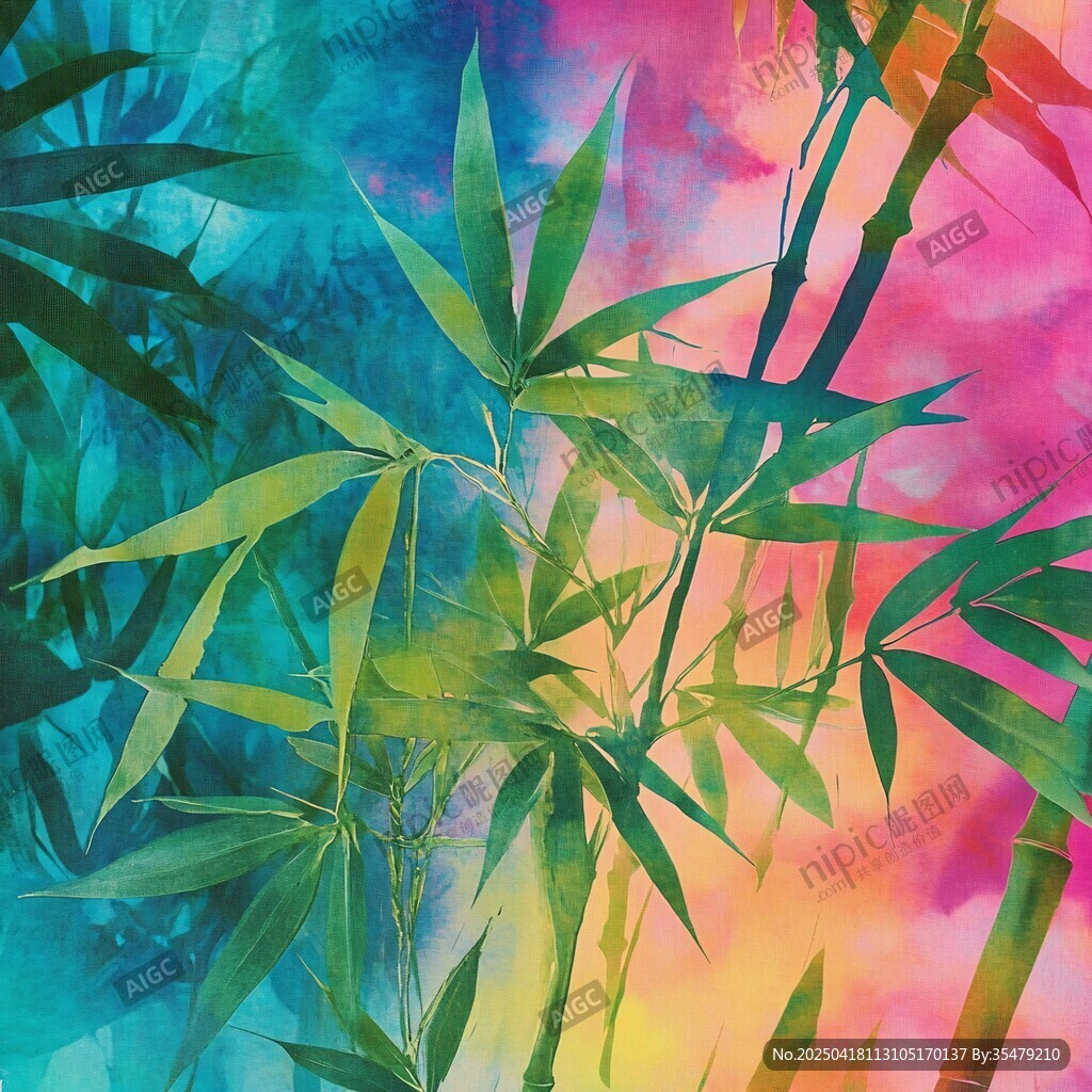 梦幻多彩竹林水彩画