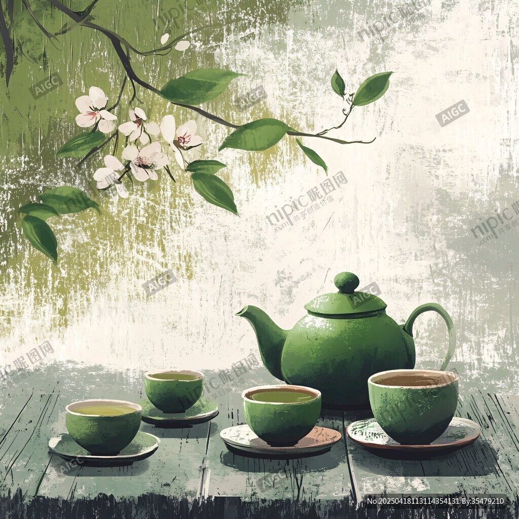 绿壶茶杯伴花枝的惬意时光