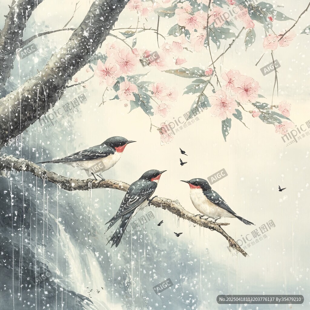 雨中栖枝燕 樱花伴景美