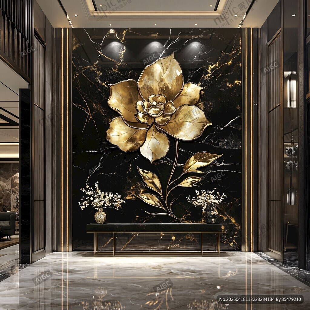 奢华黑金花卉玄关装饰画