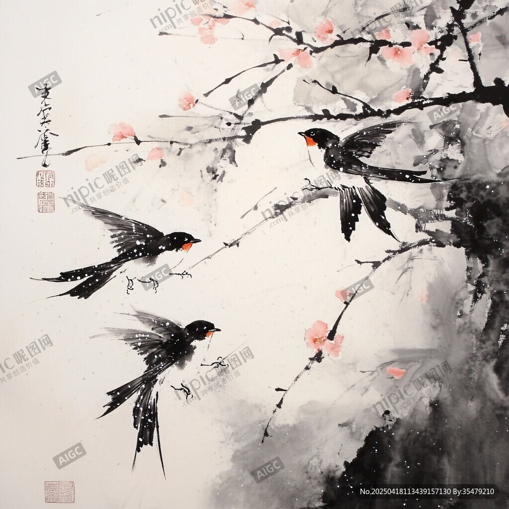 水墨春景 燕栖繁花枝头