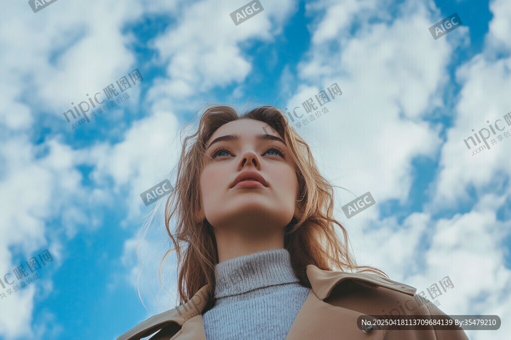 仰望蓝天的时尚女子
