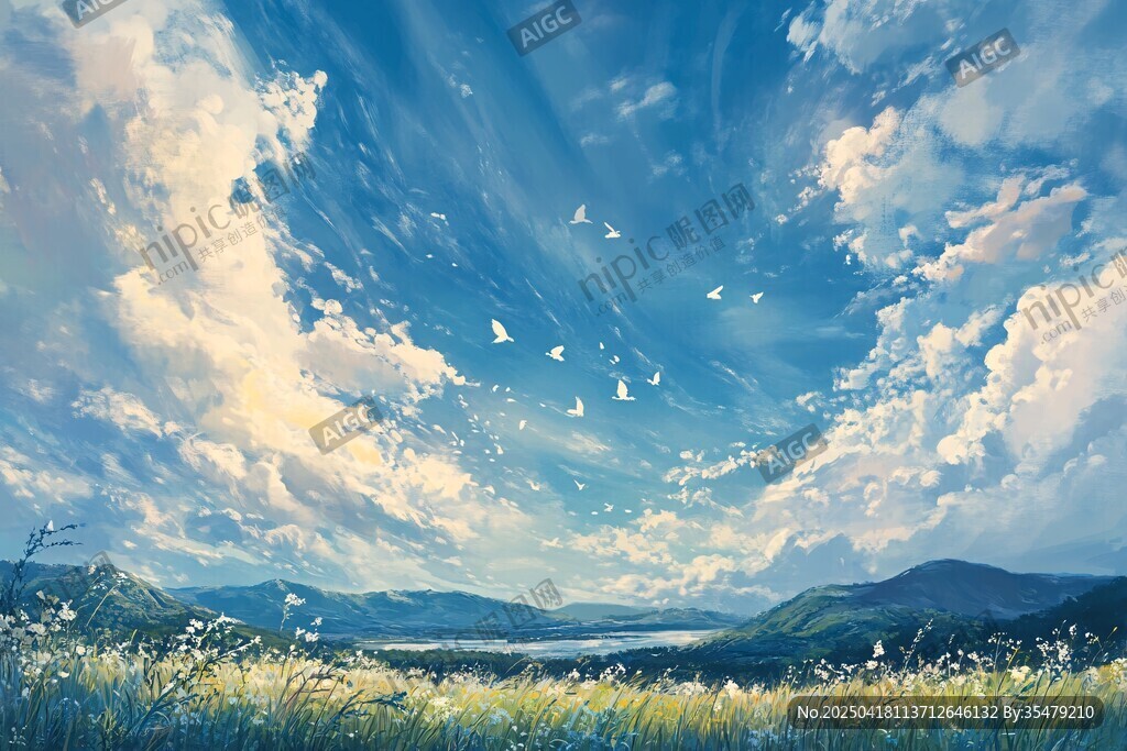 梦幻蓝天草地山水风景图