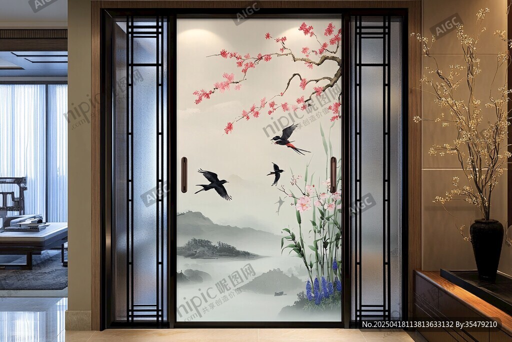 中式花鸟玻璃隔断门