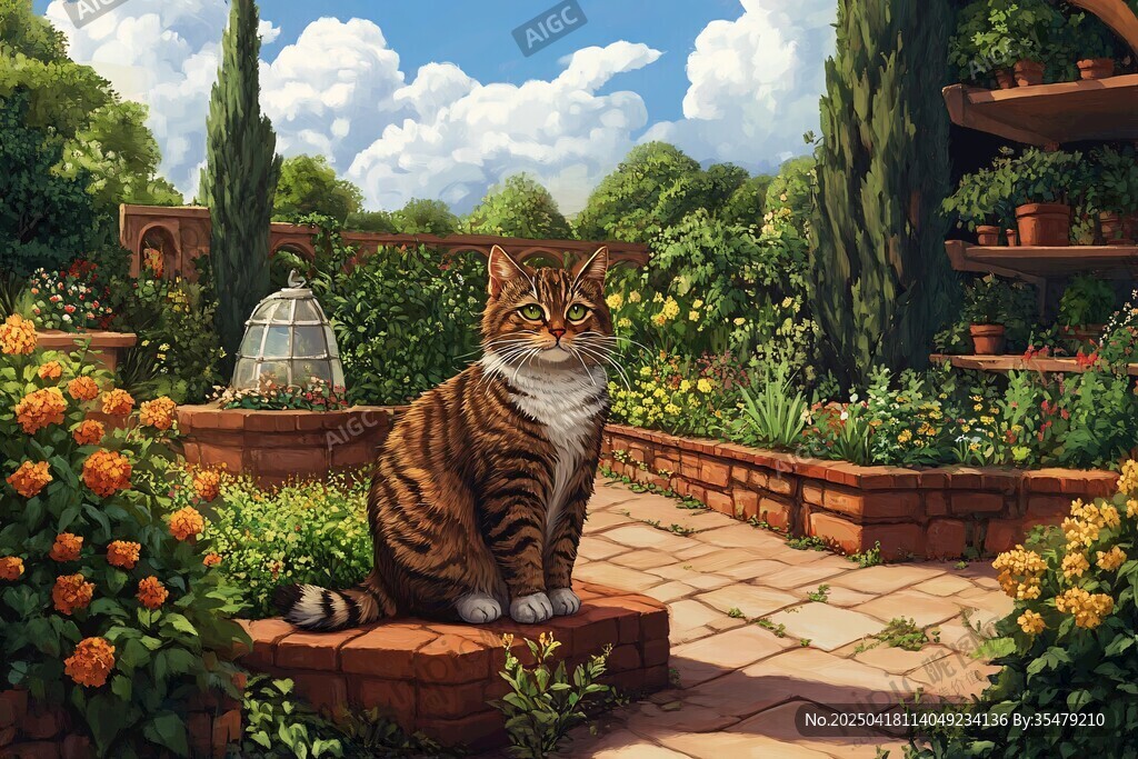 花园中的虎斑猫