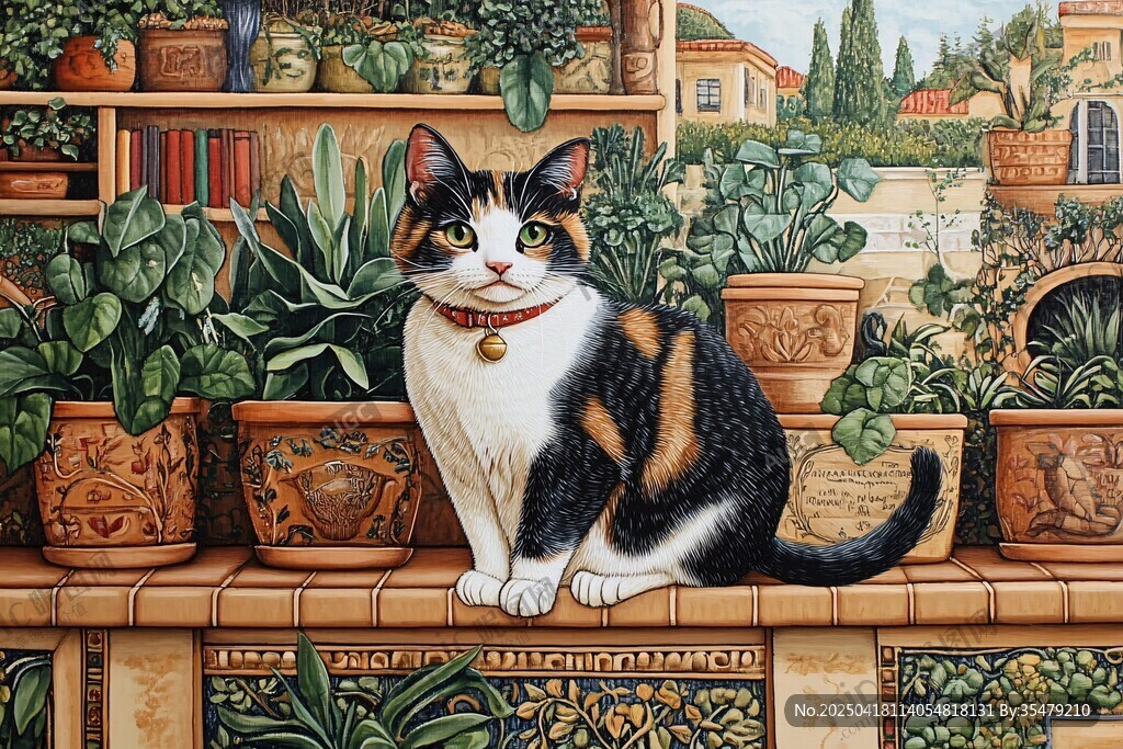 猫咪端坐于绿植花盆间