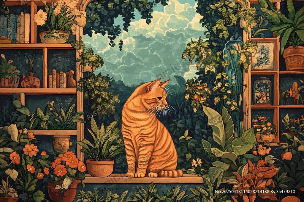 橘猫栖于绿植环绕的窗台