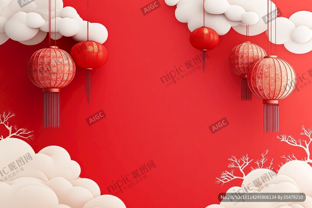 红色背景上的中式灯笼云朵