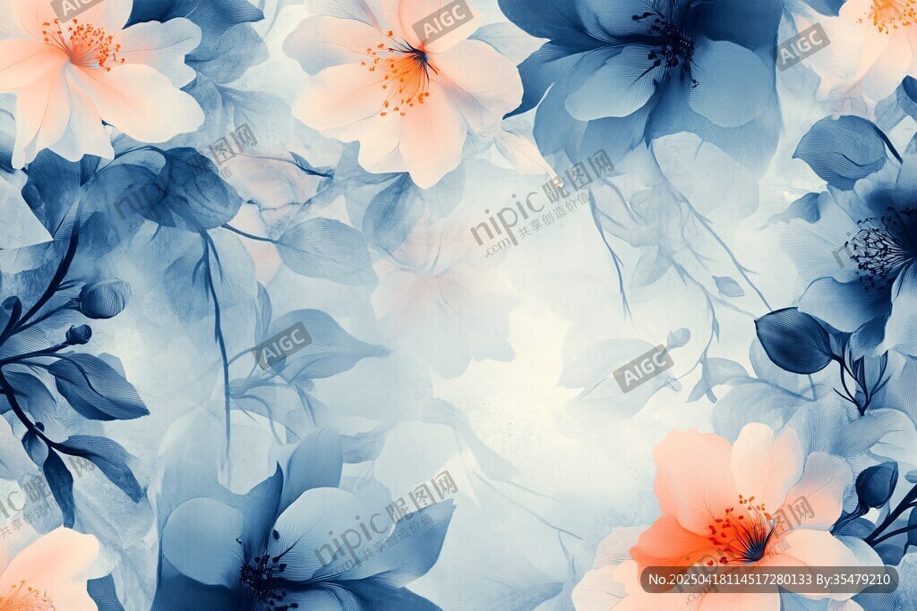 蓝粉花卉梦幻背景图