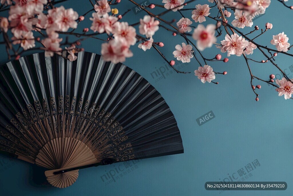 折扇与繁花的中式风情