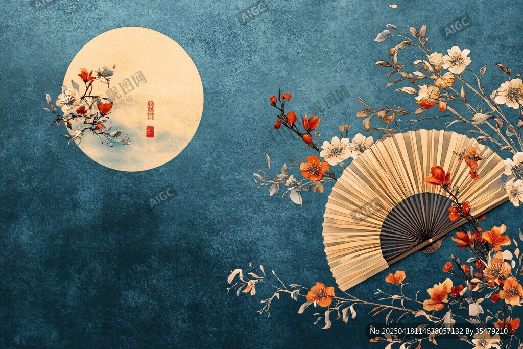 月夜折扇花卉古风图景