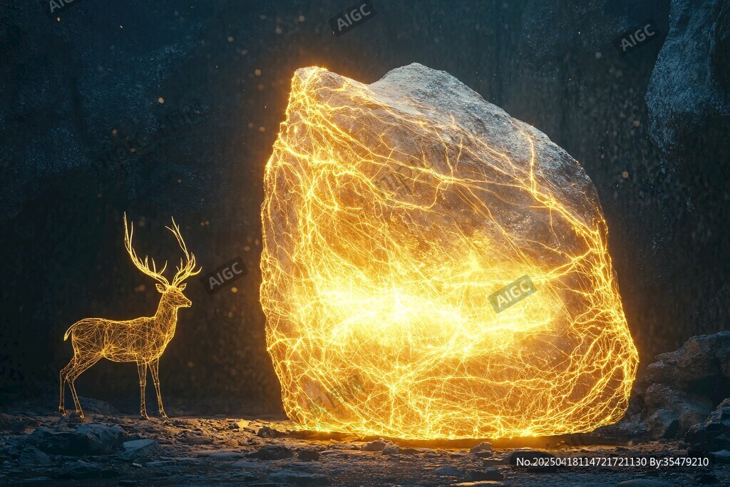 发光巨石旁的梦幻线条鹿