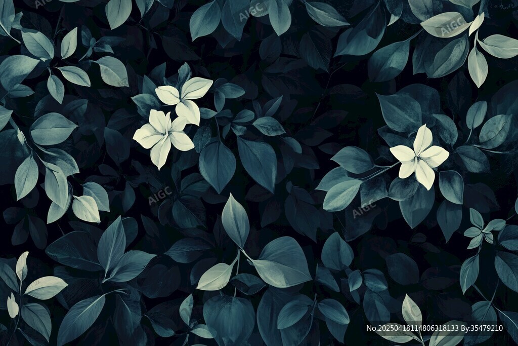 蓝底白花绿叶植物图案