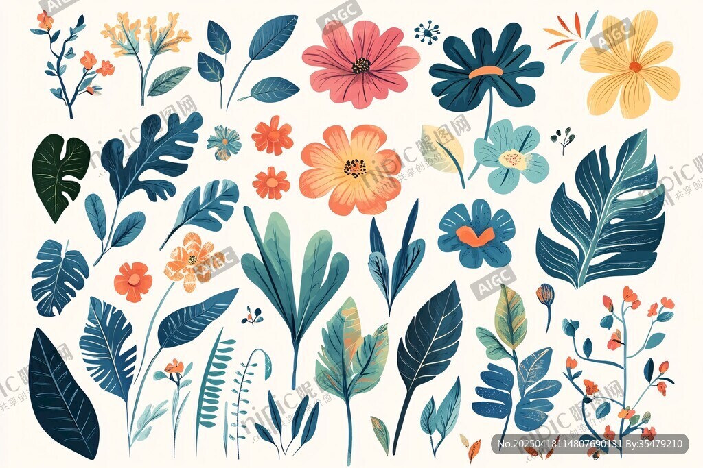 多彩花卉植物插画素材