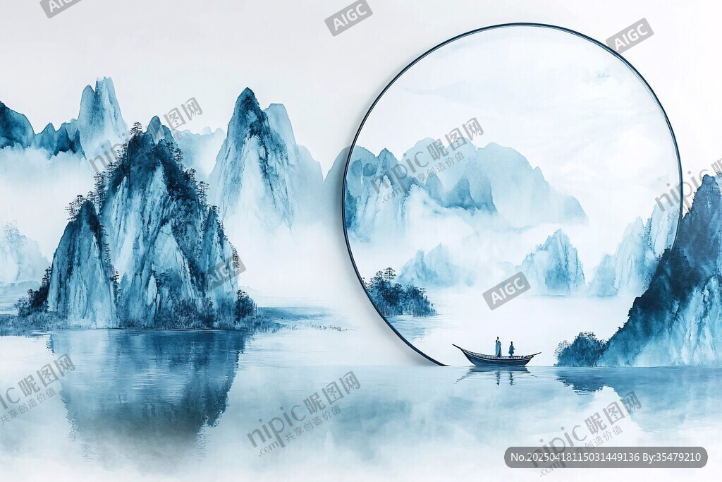 水墨山水间的孤舟意境