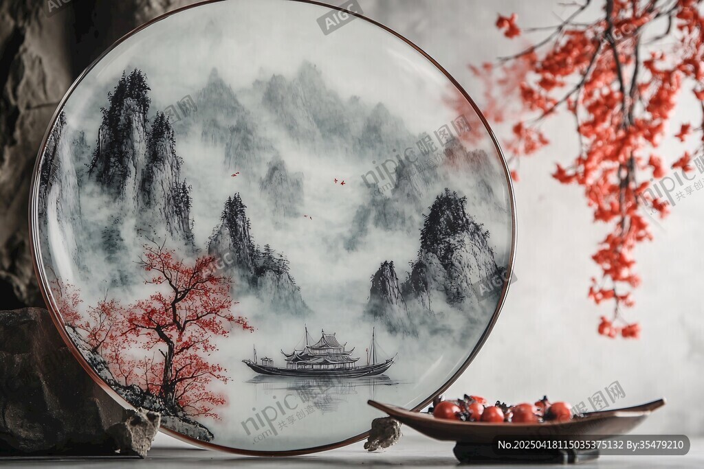 中式山水瓷盘与秋日景致