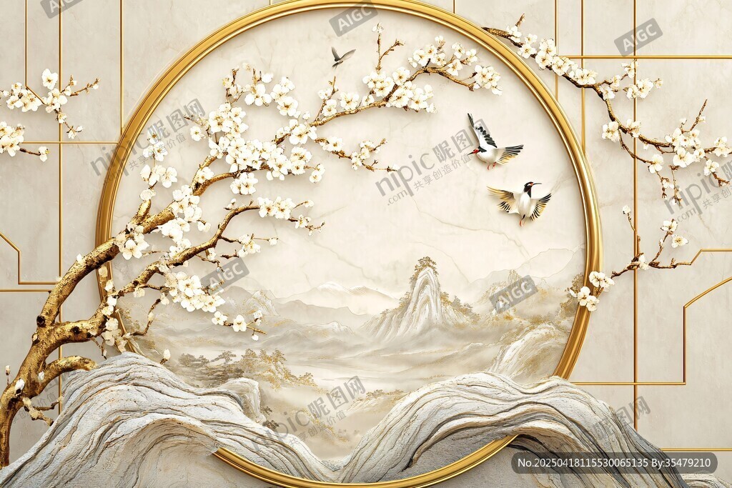 中式花鸟山水艺术壁画