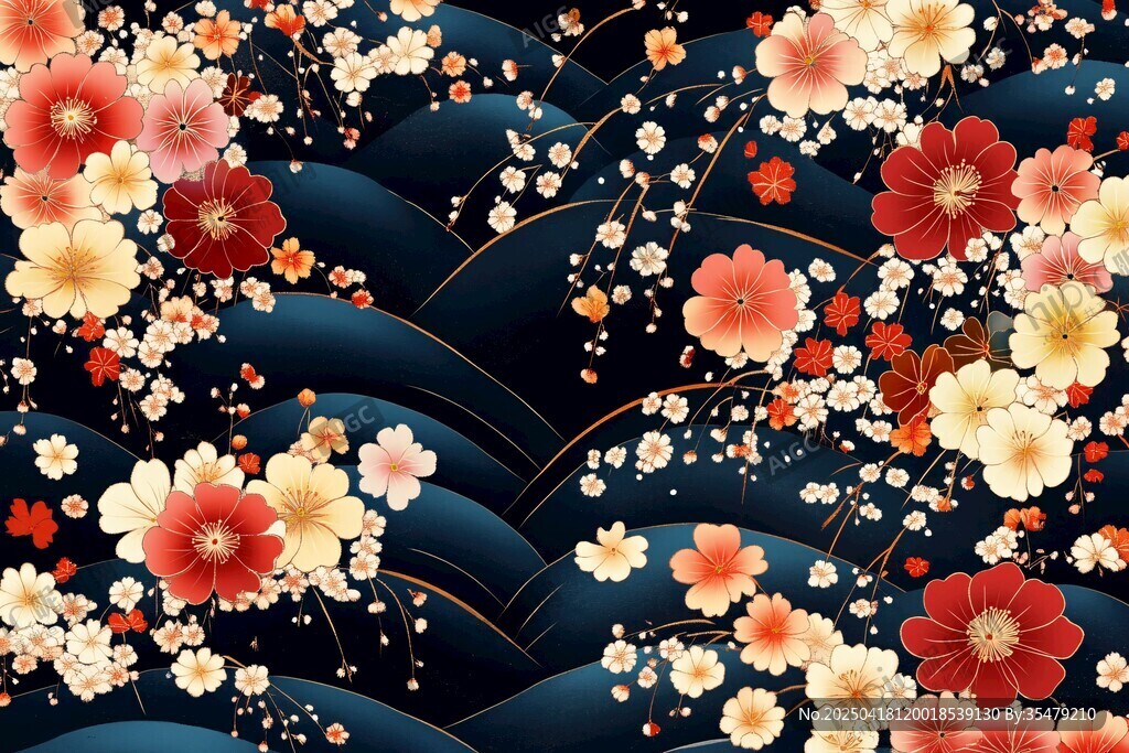 日式繁花海浪背景图案