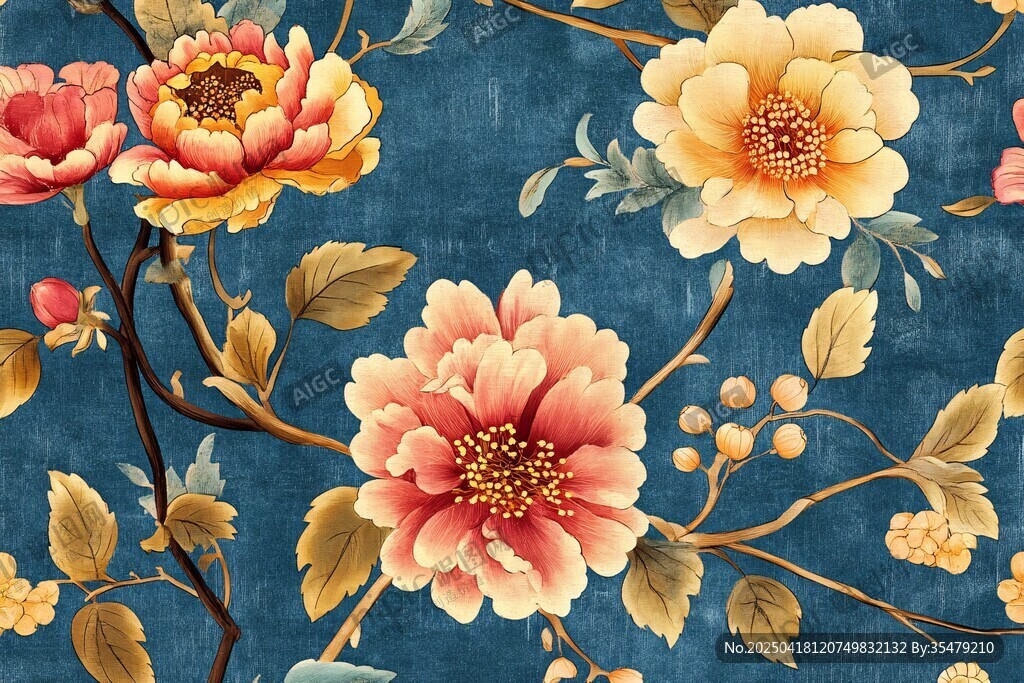 蓝底繁花中式精美花卉图