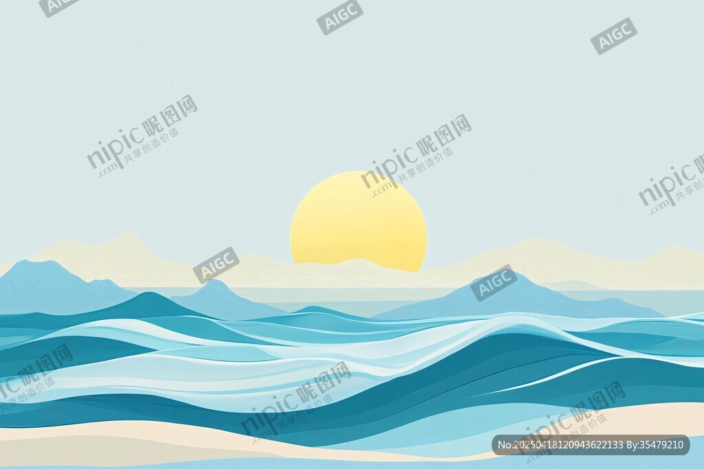 海上日出唯美波浪插画