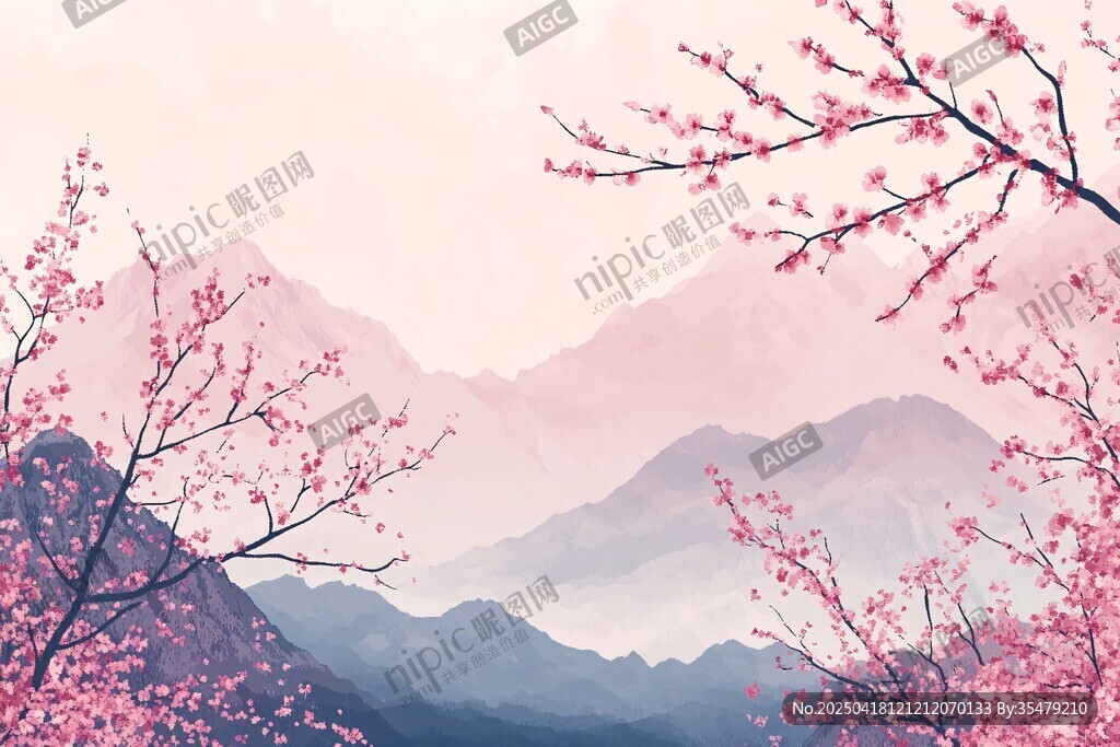 春日山峦粉樱烂漫图景