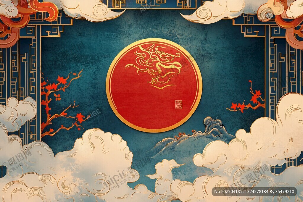 中式龙纹云景国风插画