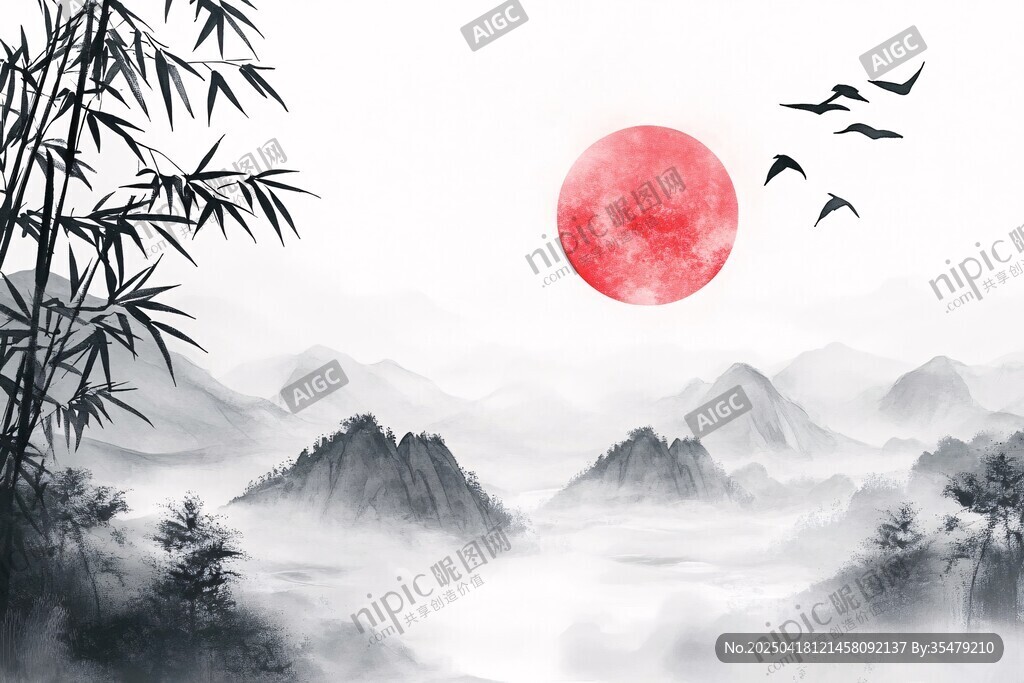 水墨山水红日飞鸟图