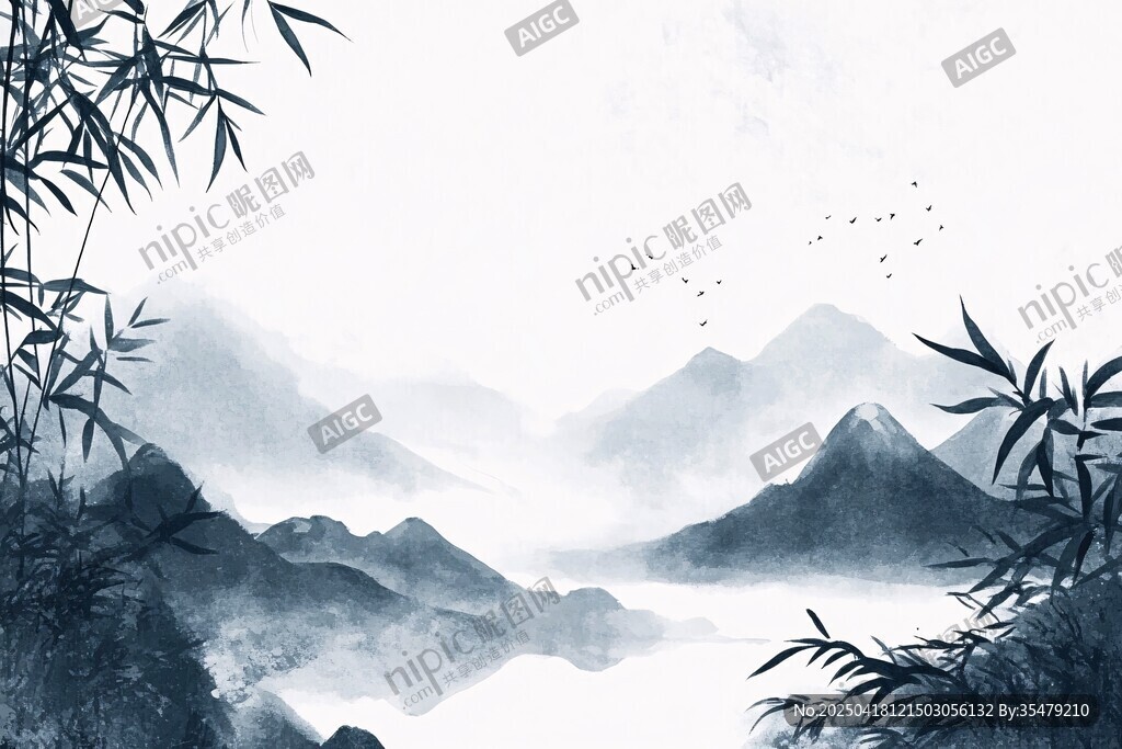 水墨山水间的竹林飞鸟