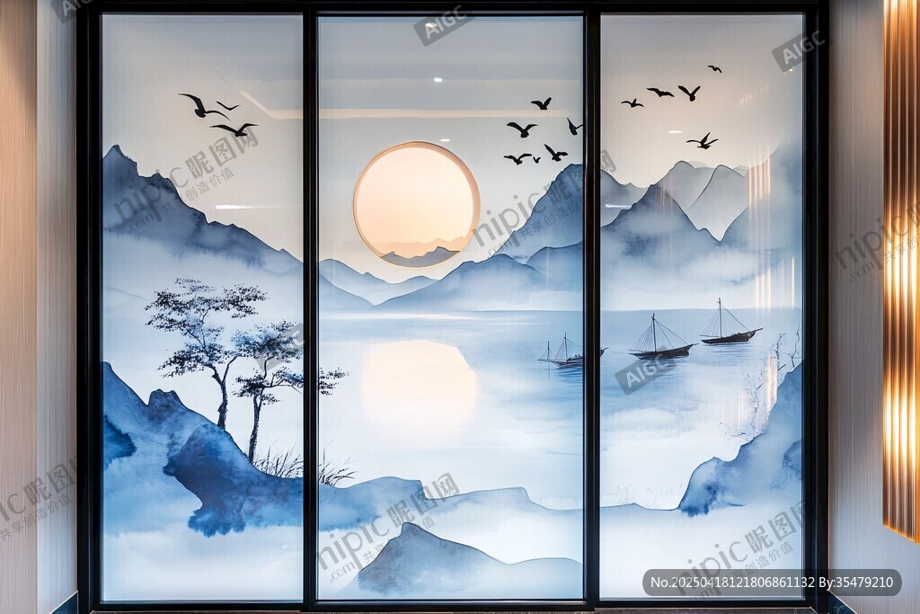 中式山水移门装饰画