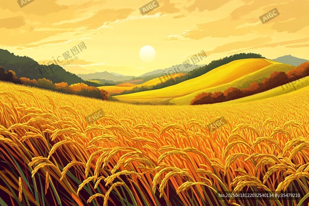 金色麦田映夕阳美景