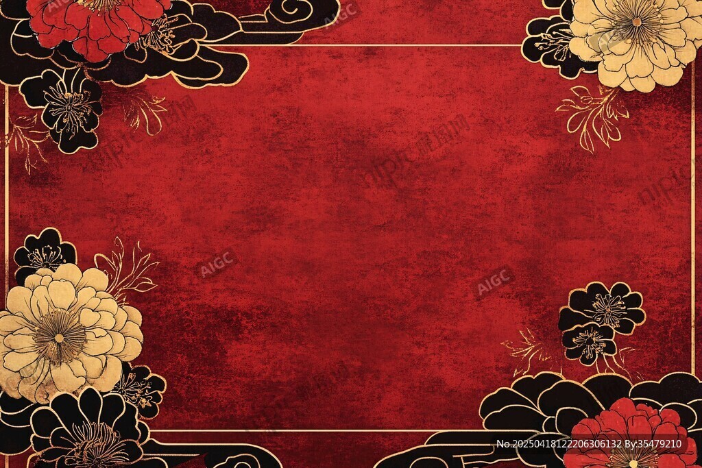 中式红底花卉边框背景图