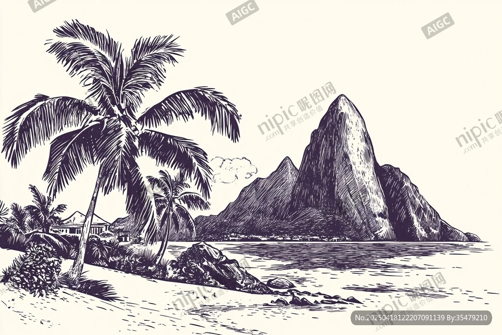 热带海滩与山峰风景素描