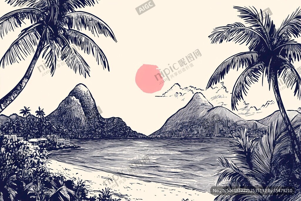 复古风热带海滨风光插画