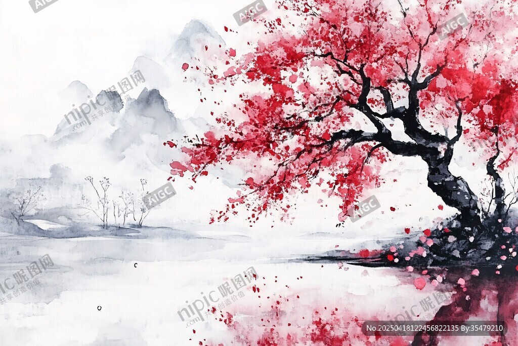 水墨红梅山水意境图