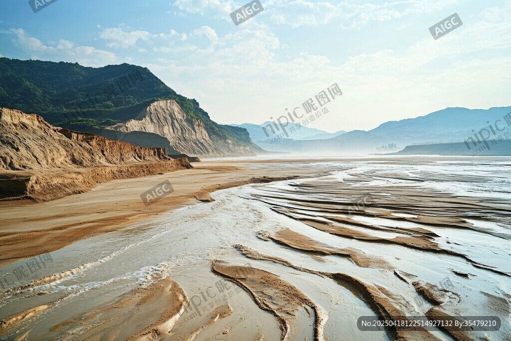 海滩泥滩风光 远山相伴