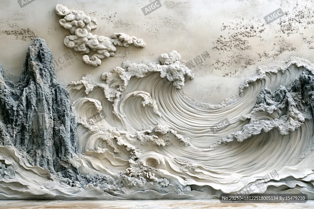 中式山水海浪浮雕艺术