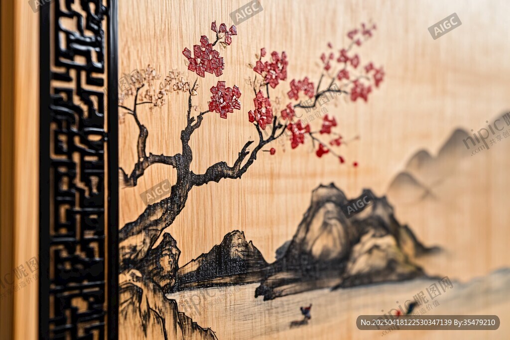 中式木雕山水梅花图景