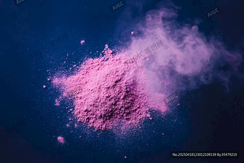 梦幻粉色粉末在深蓝中飞扬