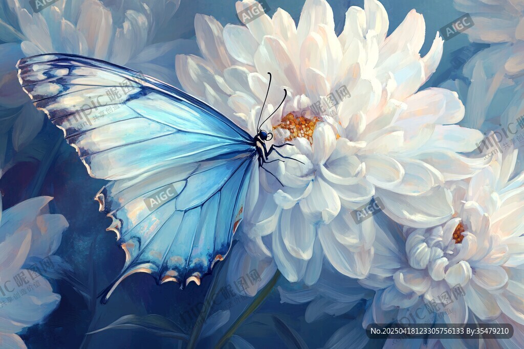 蓝蝶栖于白花上的梦幻场景