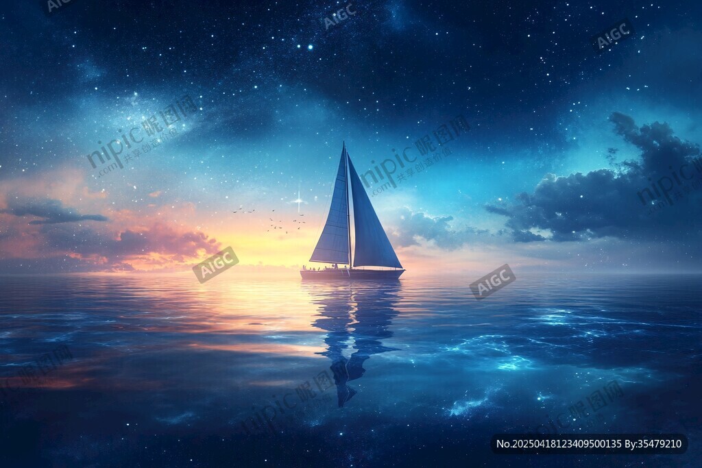 海上夜航的孤独帆船