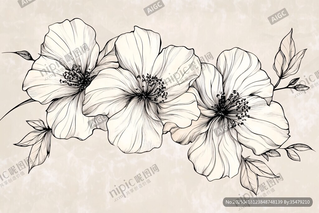 手绘三朵花卉线条插画
