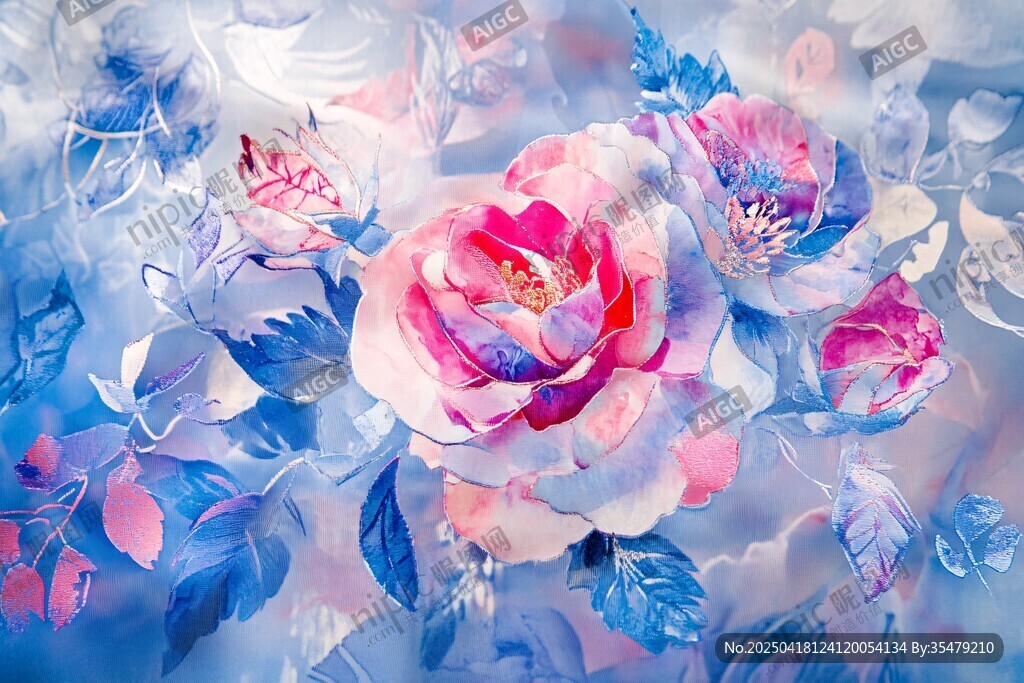 梦幻蓝粉花卉水彩画