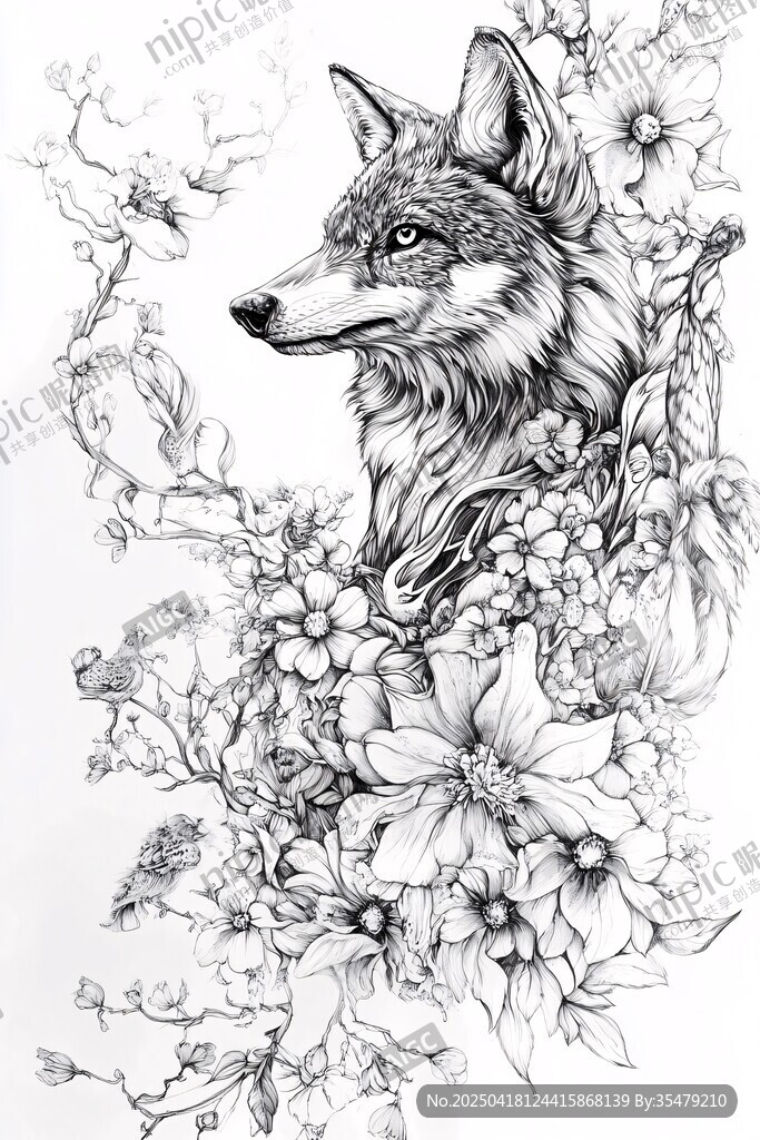 狼与繁花的精致黑白绘
