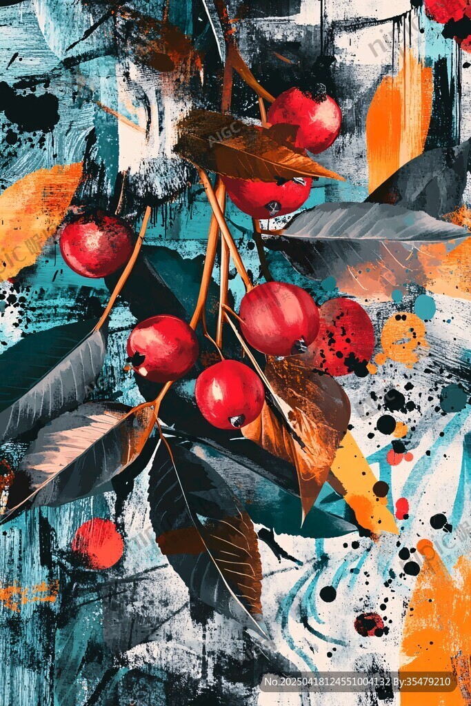 抽象风红果枝叶艺术画作