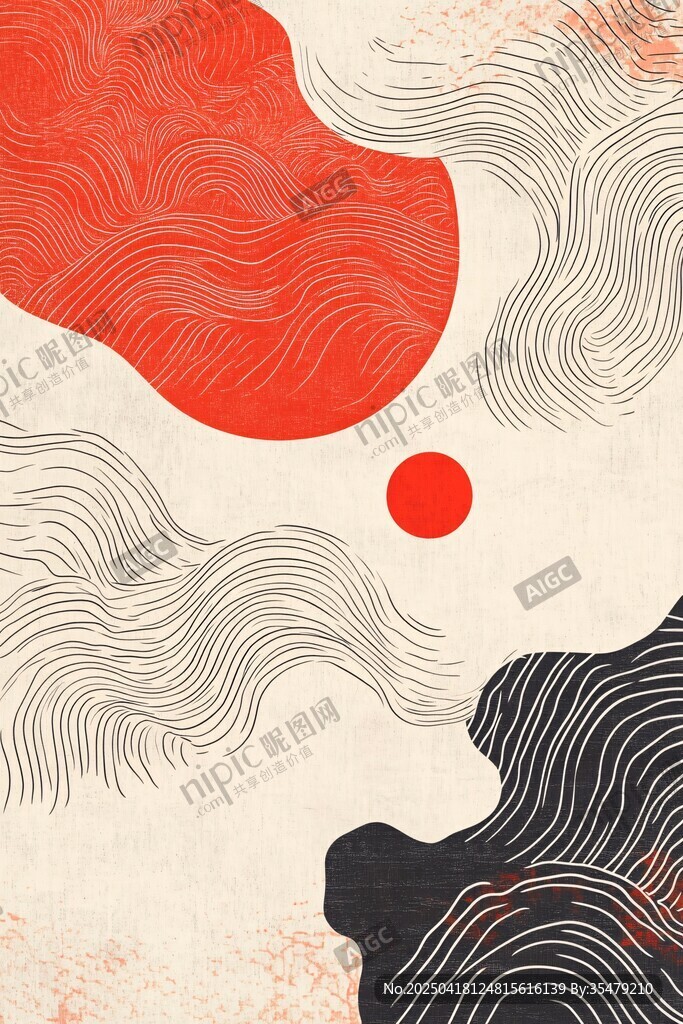 抽象海浪红日艺术插画