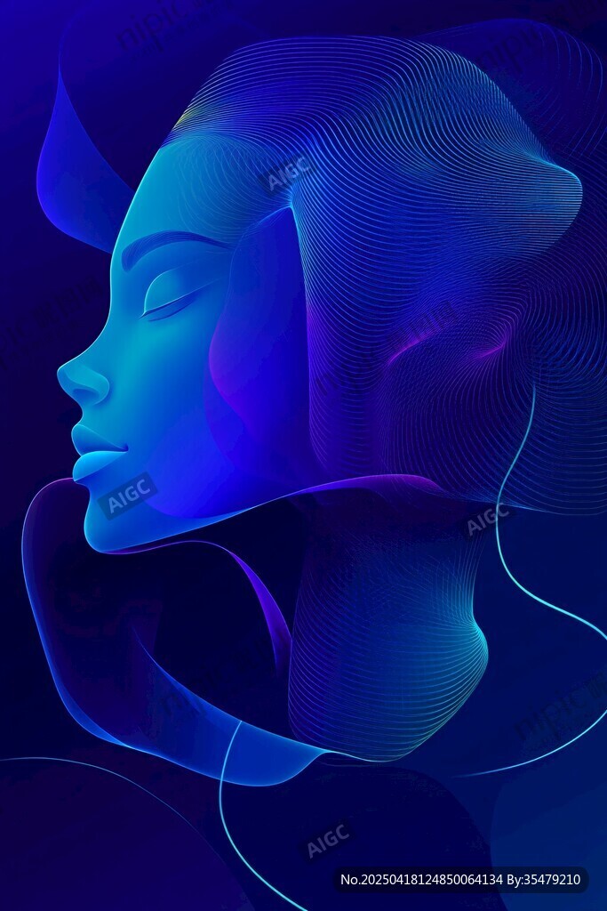 梦幻蓝色线条勾勒的人脸