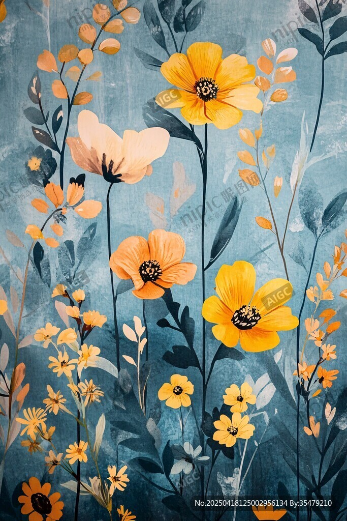 梦幻蓝底黄色花卉插画