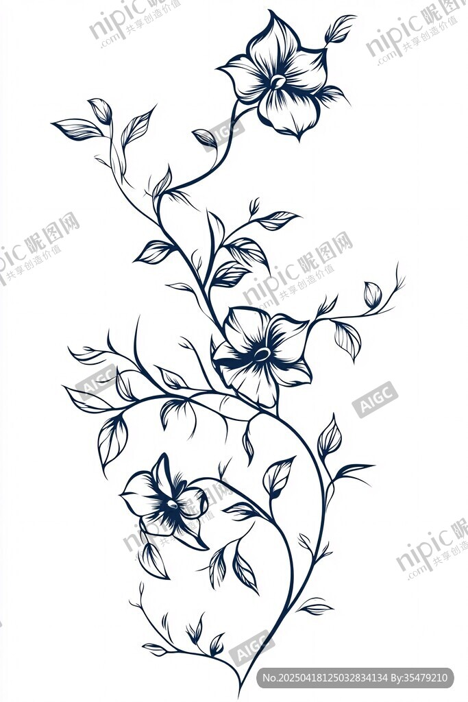 蓝调花卉藤蔓手绘图案