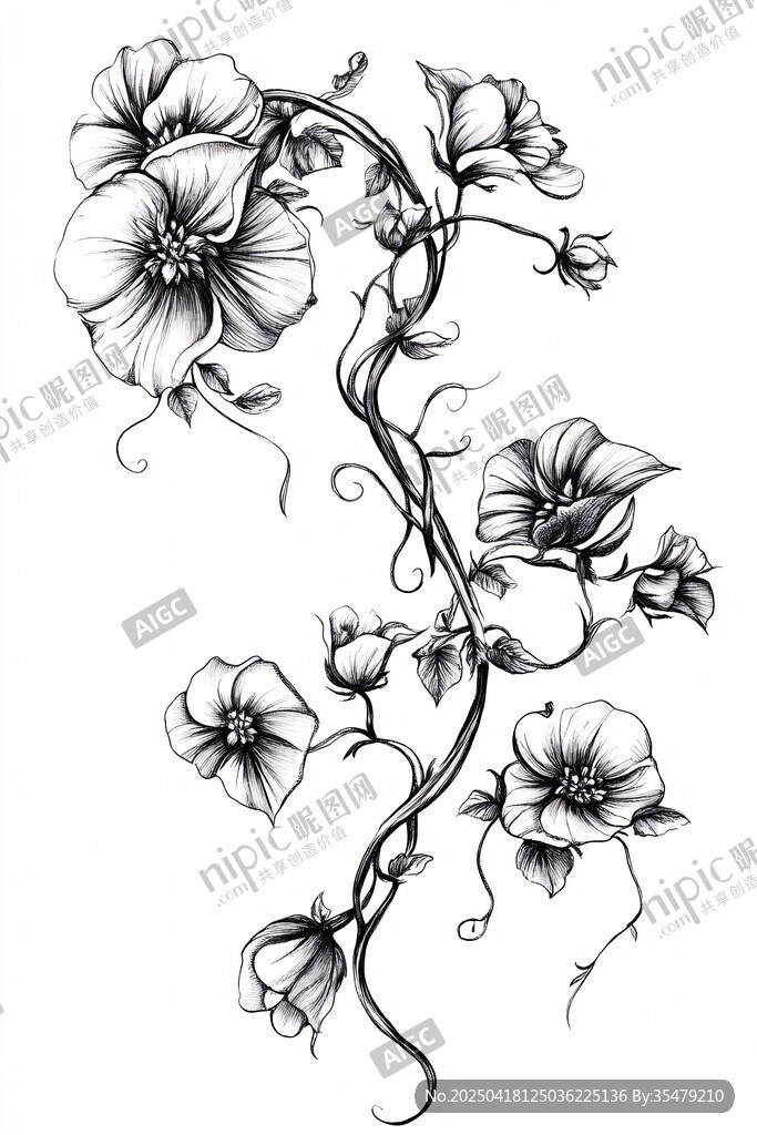 手绘藤蔓花朵黑白插画