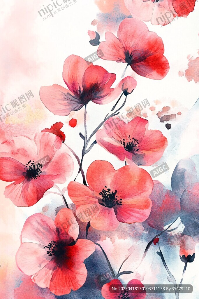 水彩绘就的娇艳红色花朵